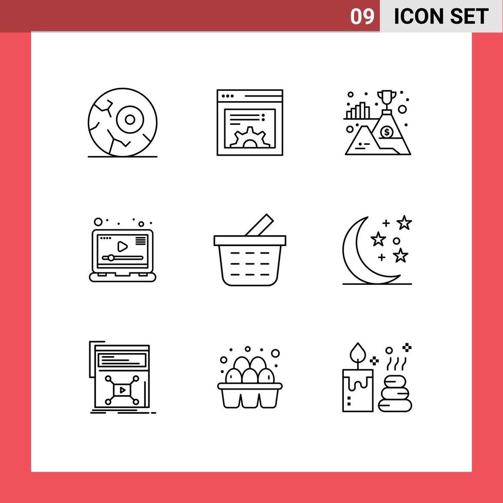 grupp av 9 konturer tecken och symboler för handla vagn korg berg marknadsföring spelare redigerbar vektor design element