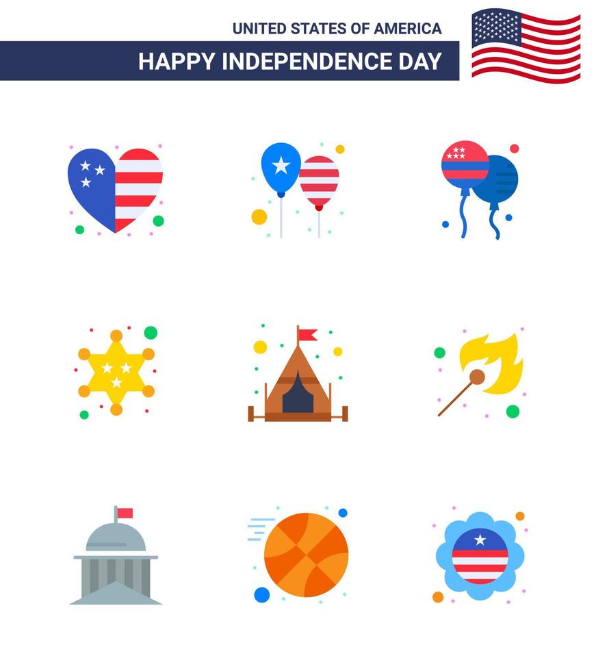 Happy Independence Day 9 Flats Icon Pack für Web und Print Camp Police America Flag Military American Editable Usa Day Vector Design Elements