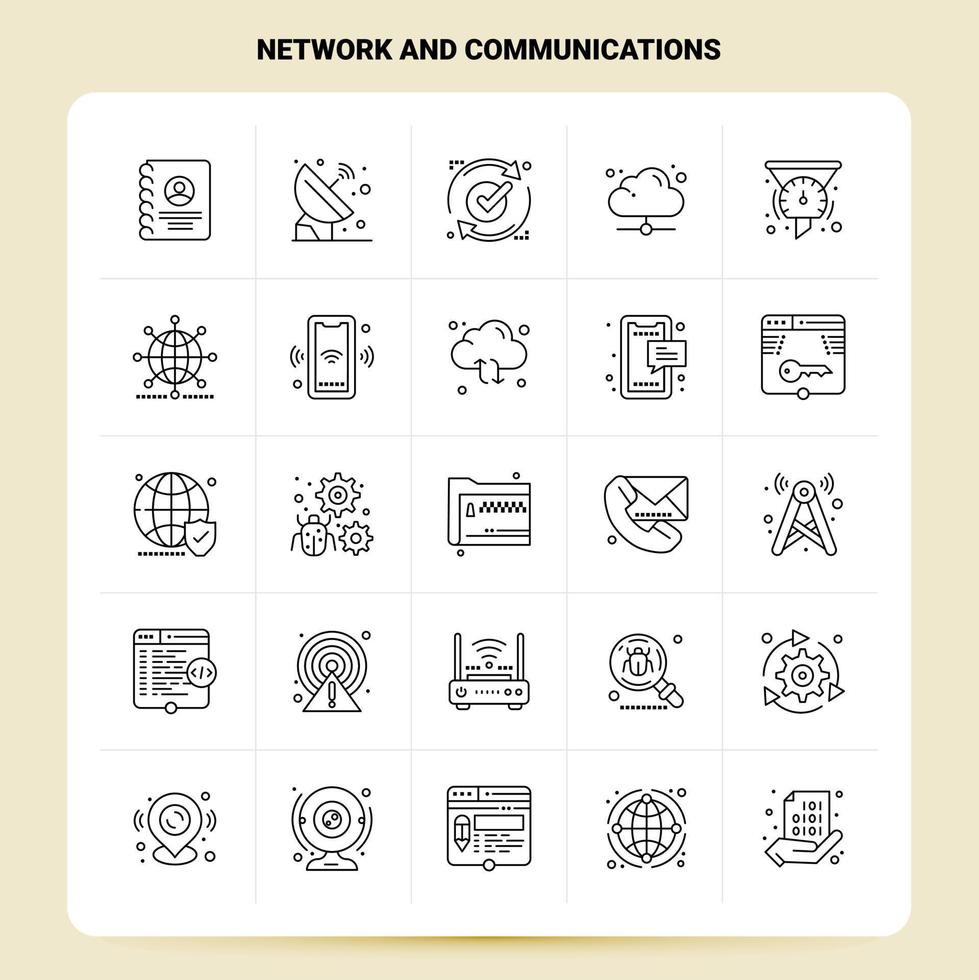 översikt 25 nätverk och kommunikation ikon uppsättning vektor linje stil design svart ikoner uppsättning linjär piktogram packa webb och mobil företag idéer design vektor illustration