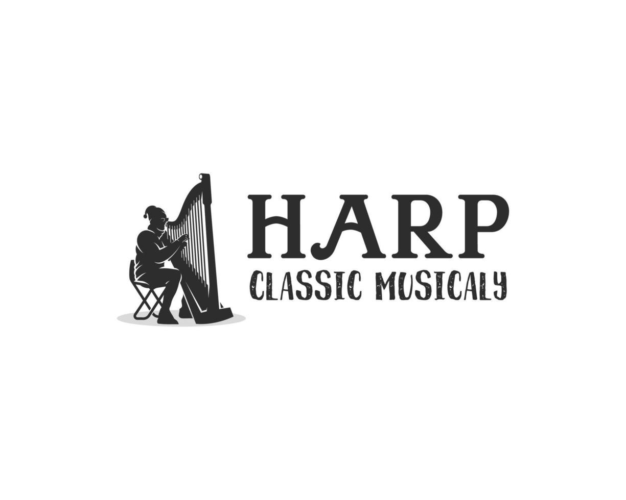 Orchesterlogo .Silhouette eines Mannes, der die Designvorlage für das Harfenlogo spielt vektor