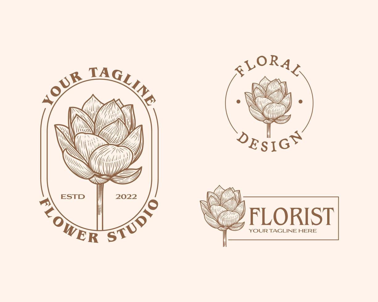 abstrakt blommor vektor tecken eller logotyp mallar. retro blommig illustration med flott typografi. feminin logotyp