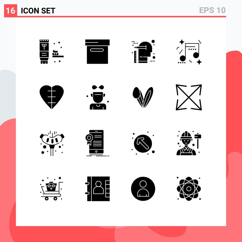 16 universelle solide Glyphen für Web- und mobile Anwendungen gesetzt Menschliches Herz Herz denkende Partei Glück editierbare Vektordesign-Elemente vektor