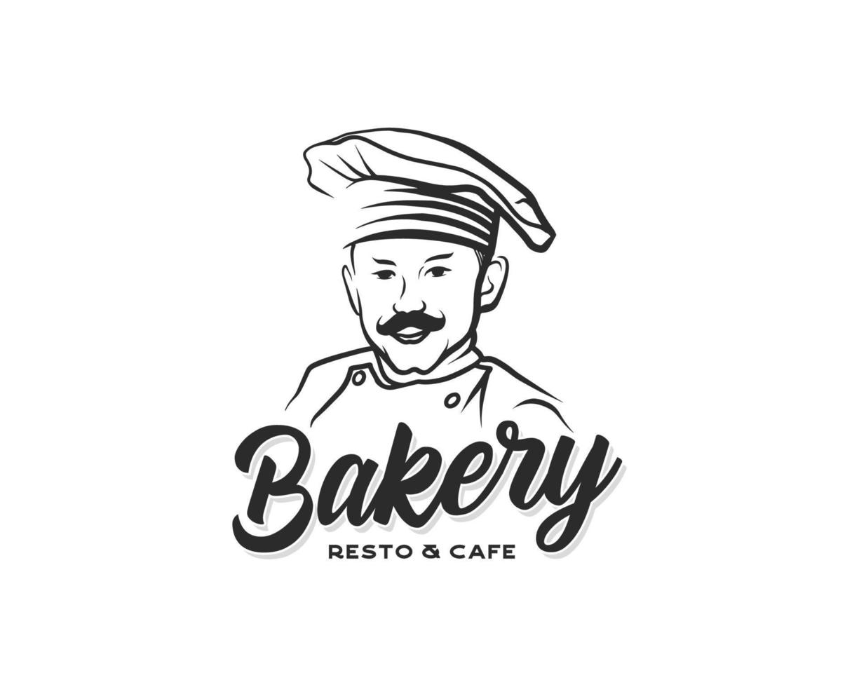 Bäckerei-Logo. hand gezeichnete vektorillustration des kochs mit einem schnurrbart. Restaurant- und Café-Logo-Design-Vorlage vektor