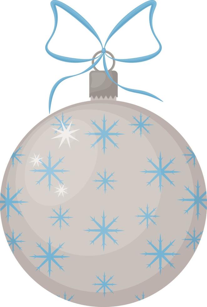 jul träd leksak boll. en leksak för dekorera en jul träd i de form av en silver- boll dekorerad med blå snöflingor. jul tillbehör, vektor illustration isolerat på en vit bakgrund