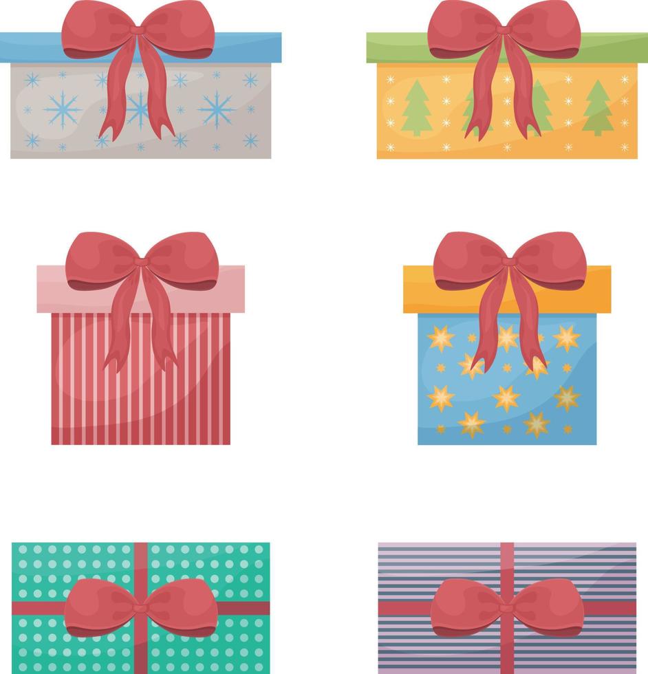 ein großes Set leuchtender, farbiger Geschenkboxen. schachteln für geschenke für neujahr, weihnachten, geburtstag und auch valentinstag und andere feiertage. Vektor-Illustration auf weißem Hintergrund vektor