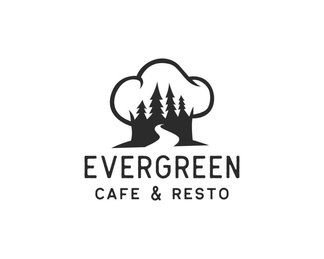 natur restaurang logotyp. tall träd eller skog inuti kock hatt logotyp design mall begrepp vektor