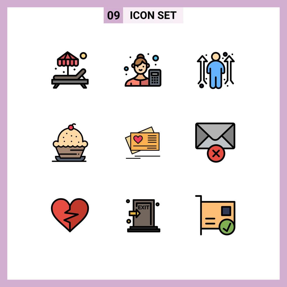 Gruppe von 9 modernen Filledline-Flachfarben für Karten süße Geschäftsmöglichkeiten Muffinkuchen editierbare Vektordesign-Elemente vektor