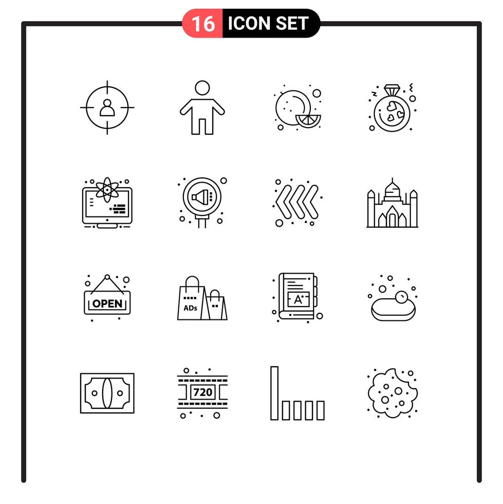 universell ikon symboler grupp av 16 modern konturer av vetenskap atom mat förslag kärlek redigerbar vektor design element