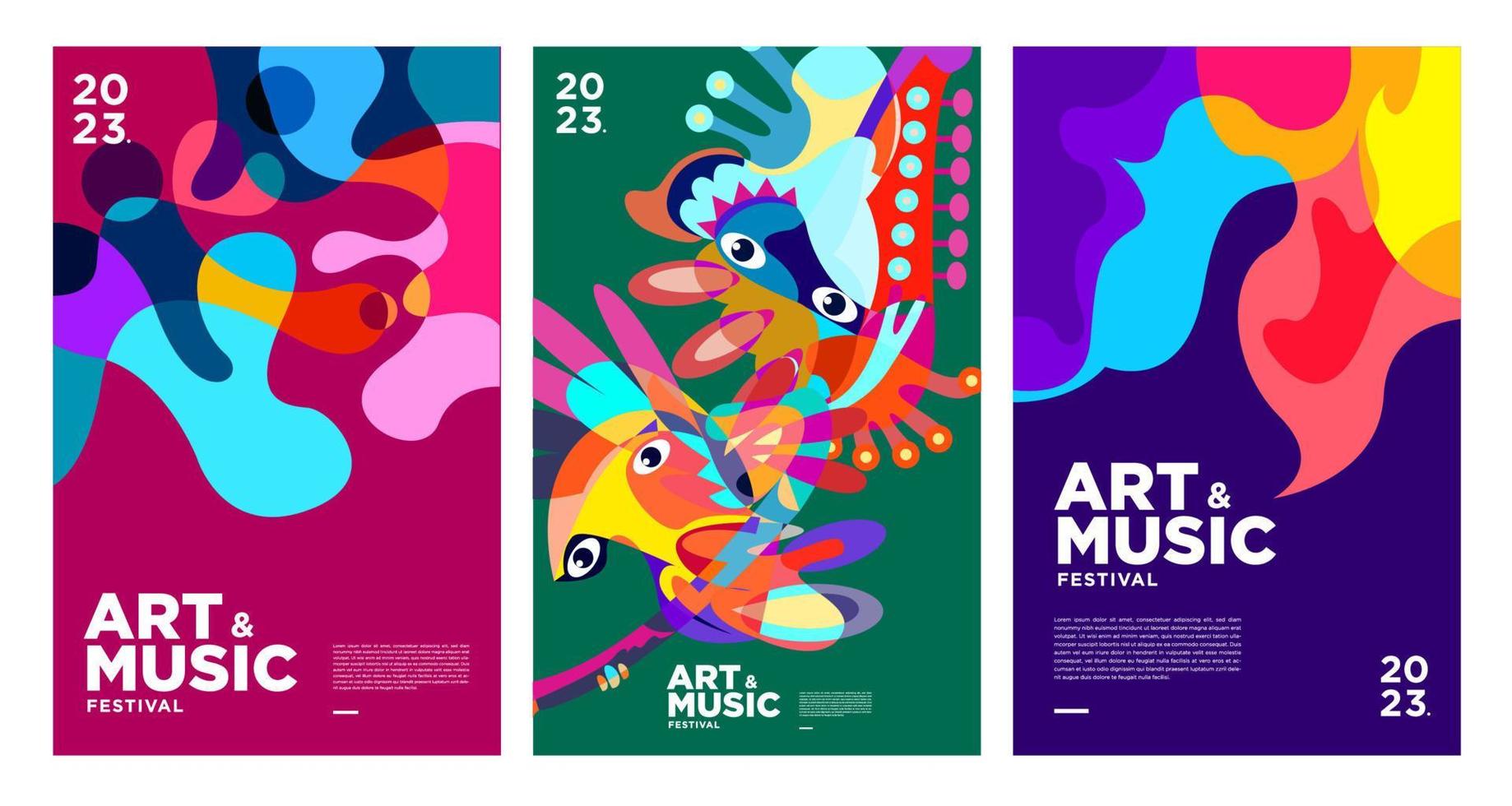 sommerliches buntes kunst- und musikfestivalplakat und cover-vorlage 2023 vektor