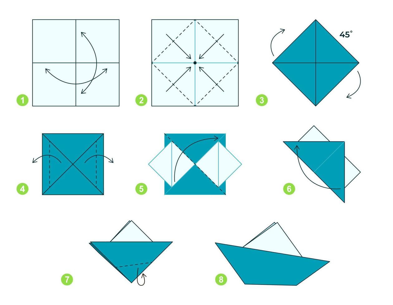 fartyg origami schema handledning rör på sig modell. origami för ungar. steg förbi steg på vilket sätt till göra en söt origami fartyg. vektor illustration.