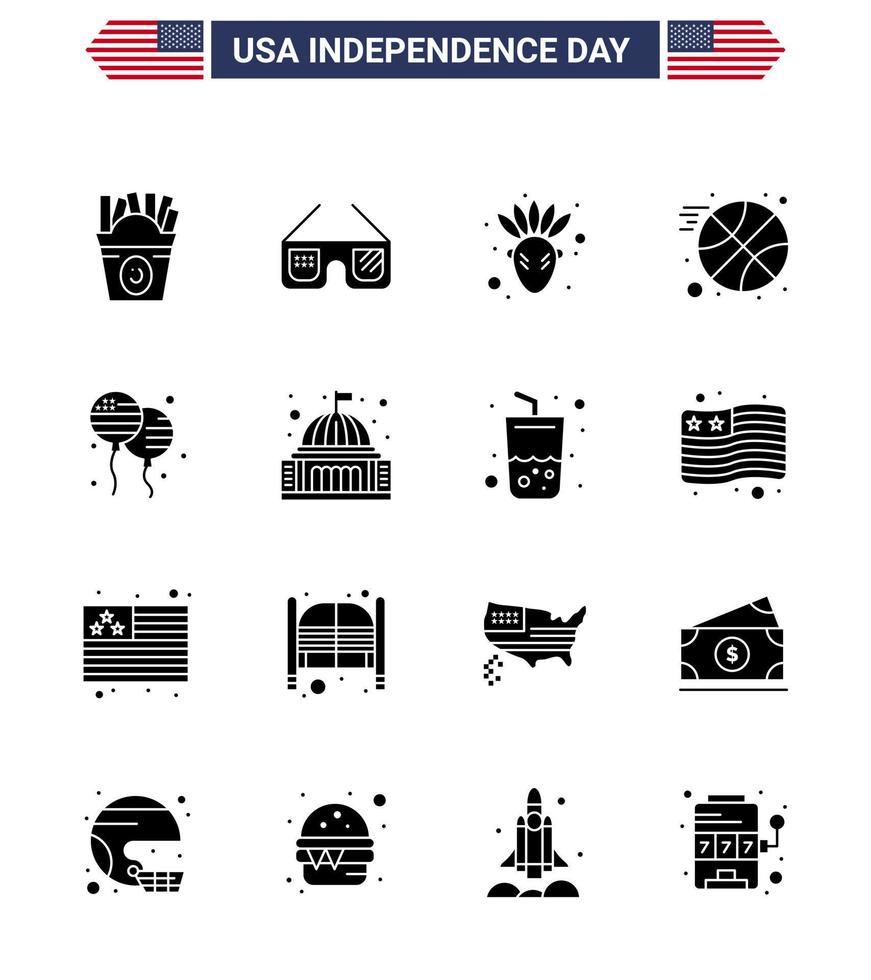 satz von 16 vektorfesten glyphen am 4. juli usa unabhängigkeitstag wie amerikanische bloons american bloon ball editierbare usa day vector design elements