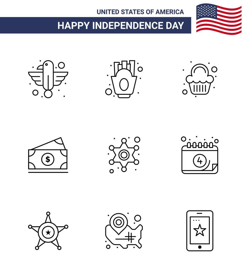 Lycklig oberoende dag 4:e juli uppsättning av 9 rader amerikan pictograph av män amerikansk mat pengar firande redigerbar USA dag vektor design element