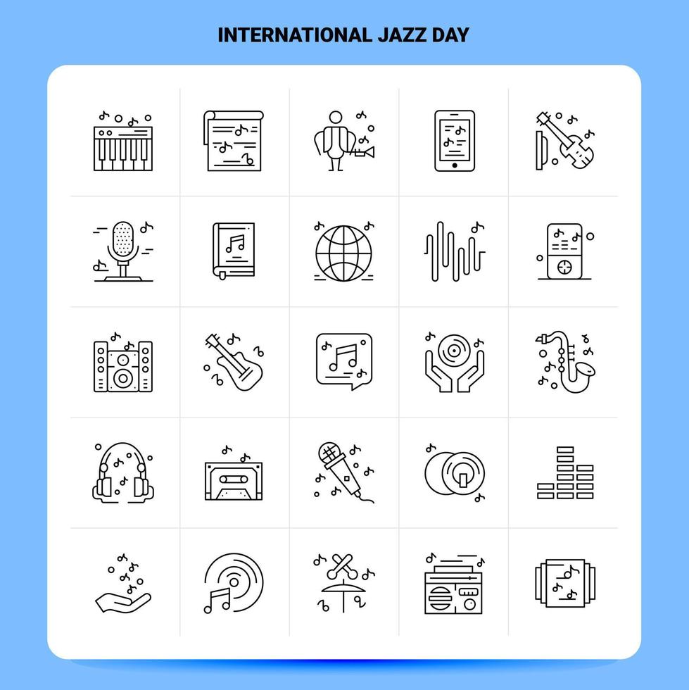 översikt 25 internationell jazz dag ikon uppsättning vektor linje stil design svart ikoner uppsättning linjär piktogram packa webb och mobil företag idéer design vektor illustration