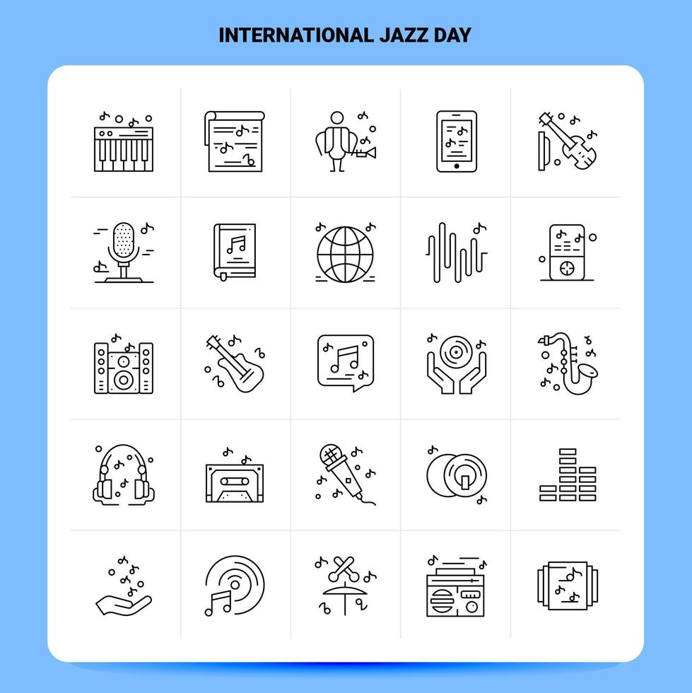 Umriss 25 International Jazz Day Icon Set Vektor Line Style Design Schwarze Icons Set Linear Piktogramm Pack Web und mobile Geschäftsideen Design Vektor Illustration