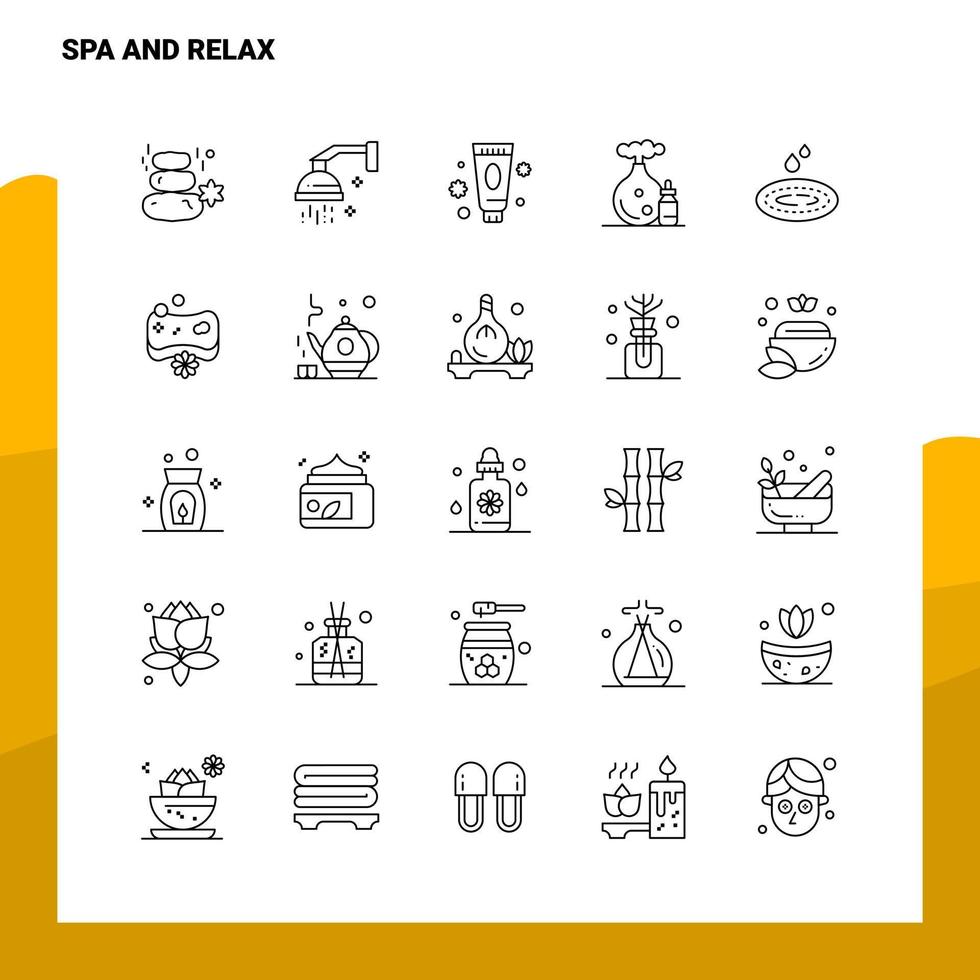 Set von Spa- und Relax-Liniensymbolen Set 25 Symbole Vektor-Minimalismus-Stildesign Schwarze Symbole setzen lineares Piktogrammpaket vektor