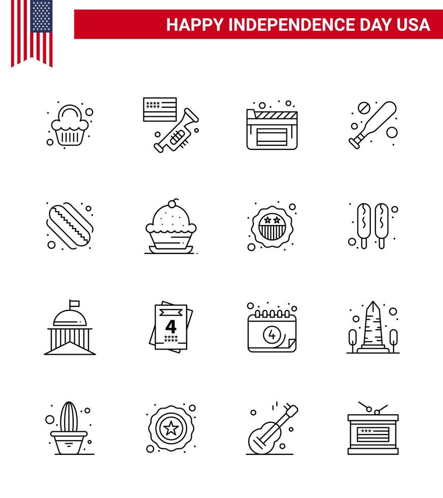4. juli usa glücklich unabhängigkeitstag symbol symbole gruppe von 16 modernen linien von kuchen hotdog kino amerikanische fledermaus editierbare usa tag vektor design elemente