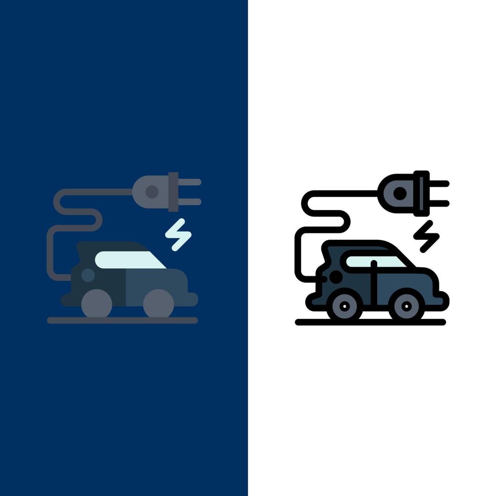 Automobiltechnik Elektroauto Elektrofahrzeug Symbole flach und Linie gefüllt Symbolsatz Vektor blauen Hintergrund
