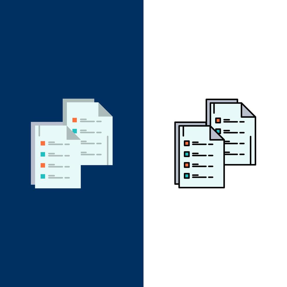 dokumentera analys data kopia papper återuppta ikoner platt och linje fylld ikon uppsättning vektor blå bakgrund