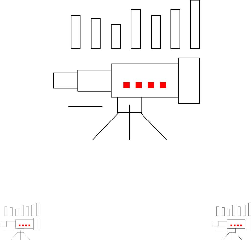 Teleskop-Geschäftsprognose prognostiziert Markttrend Vision Fett und dünne schwarze Linie Symbolsatz vektor