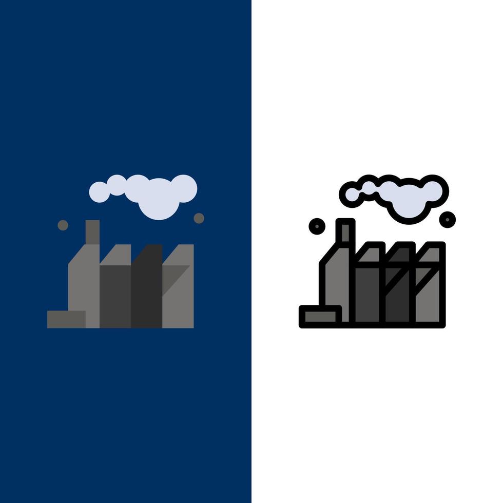 Energieverschmutzung Fabrik Symbole flach und Linie gefüllt Icon Set Vektor blauen Hintergrund