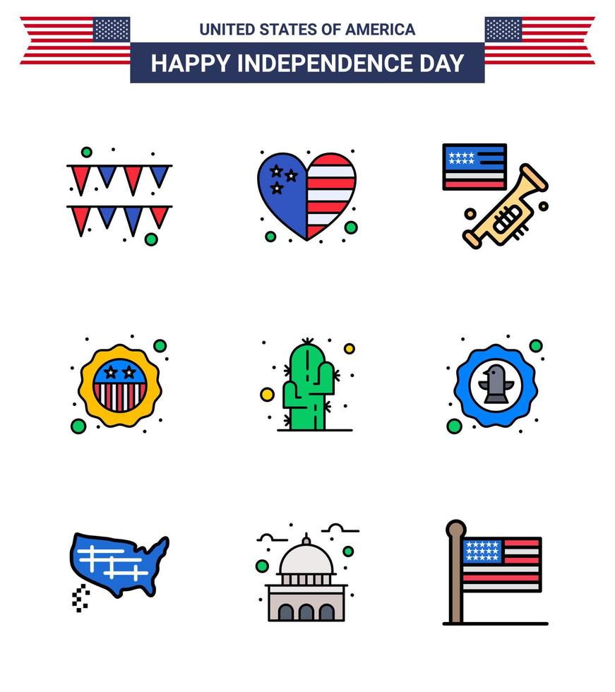 4. juli usa happy unabhängigkeitstag symbol symbole gruppe von 9 modernen flach gefüllten linien von pflanzenkaktus lautsprecher flag sicherheit editierbare usa tag vektor design elemente