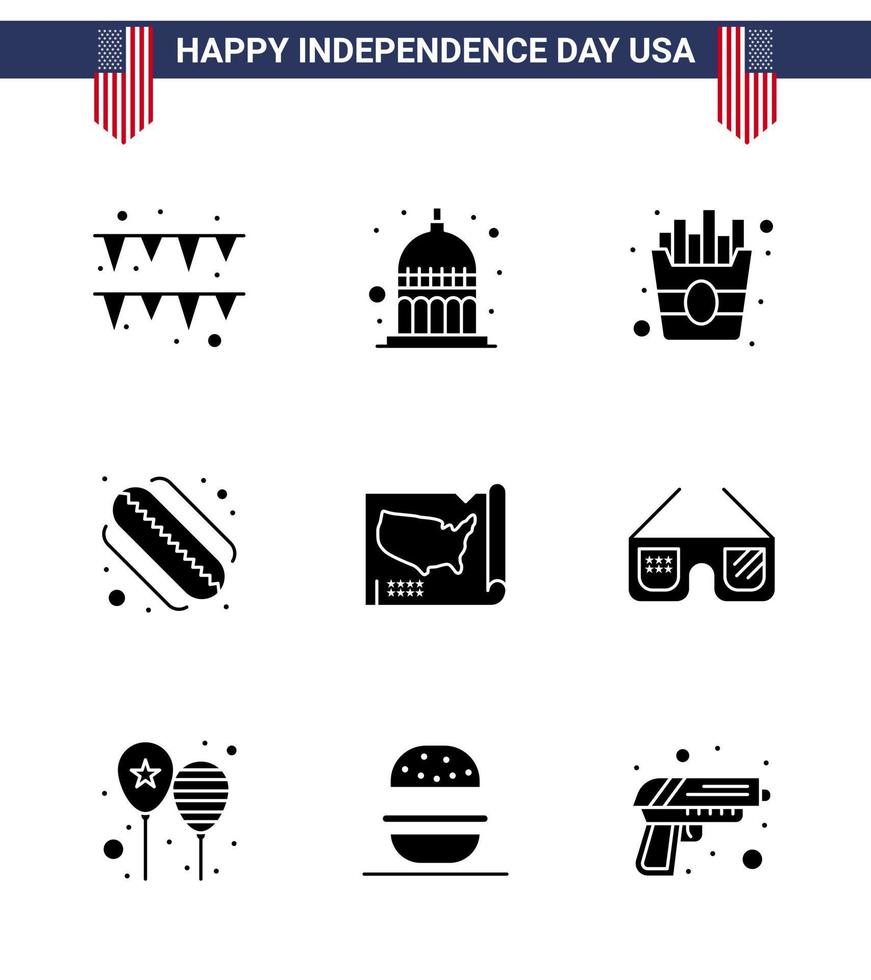 glücklicher unabhängigkeitstag usa paket mit 9 kreativen soliden glyphen von sonnenbrillen vereinigte lebensmittelstaaten geben editierbare usa-tag-vektordesignelemente an vektor