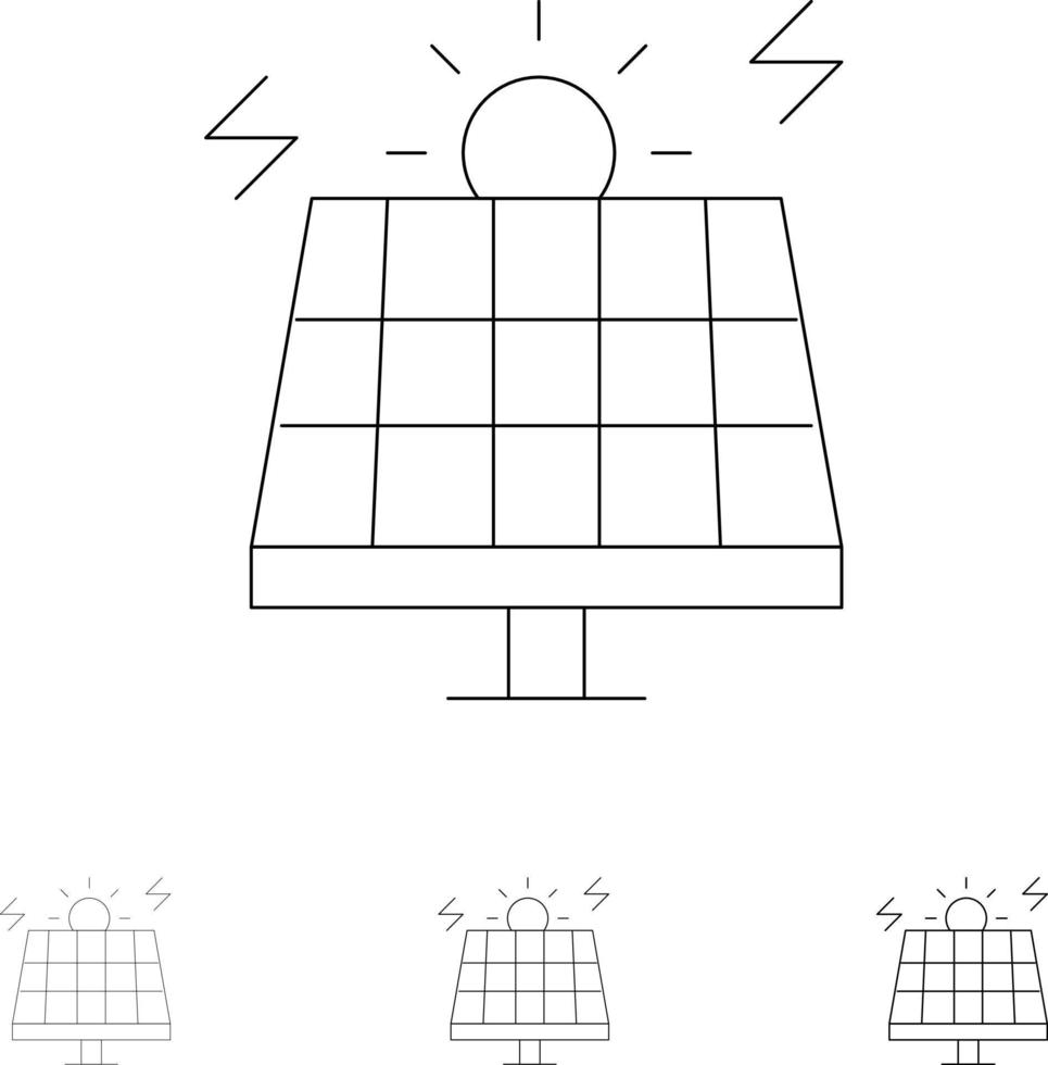 energi miljö grön sol- djärv och tunn svart linje ikon uppsättning vektor