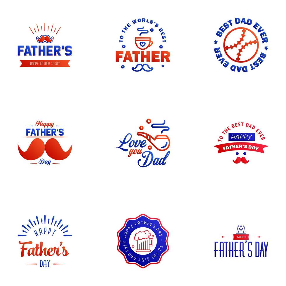 9 blå och röd uppsättning av vektor Lycklig fäder dag typografi årgång ikoner text för hälsning kort banderoller tshirt design fäder dag redigerbar vektor design element