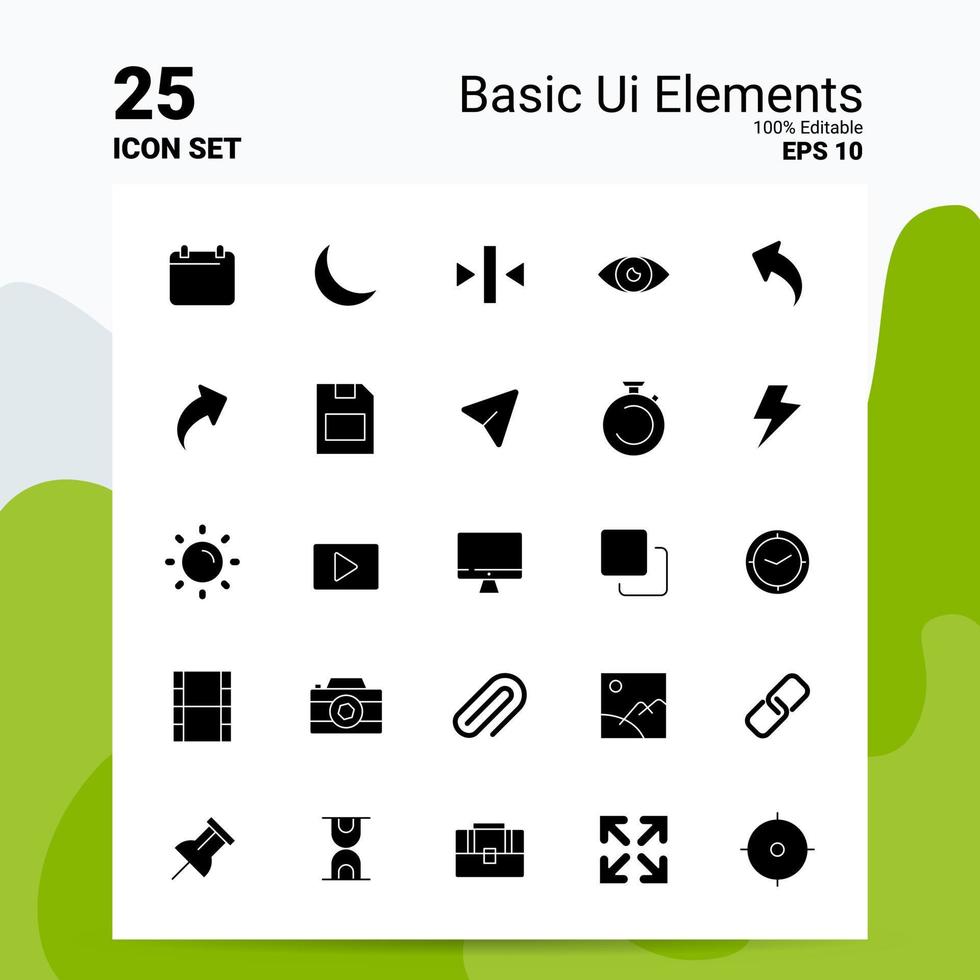 25 grundlegende UI-Elemente Icon-Set 100 bearbeitbare eps 10 Dateien Geschäftslogo Konzeptideen solides Glyphen-Icon-Design vektor
