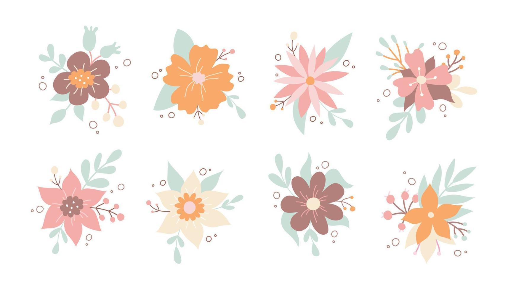 uppsättning av dekorativ blommig design element. vår och sommar blommor. söt platt vektor illustration