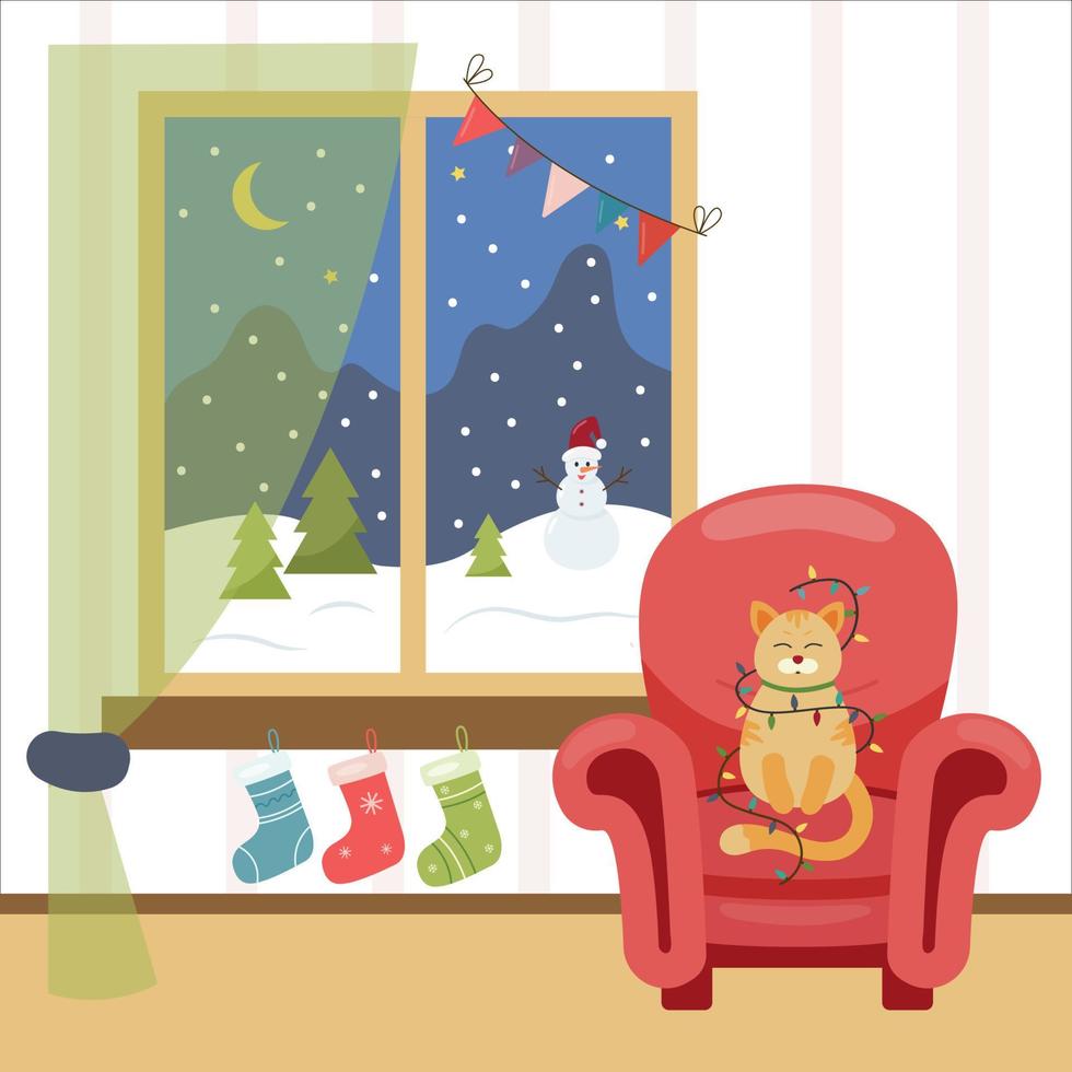 ein zimmer mit fenster und sessel ist weihnachtlich dekoriert. Weihnachtslandschaft vor dem Fenster, Schneemann. Eine in eine Girlande gehüllte Katze sitzt in einem Sessel. Socken für Geschenke hängen unter dem Fenster vektor