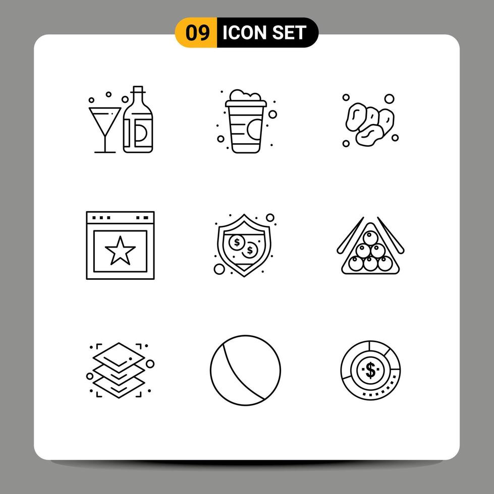 Stock Vector Icon Pack mit 9 Zeilen Zeichen und Symbolen für den Schutz Lieblingsdaten Lesezeichen Essen editierbare Vektordesign-Elemente