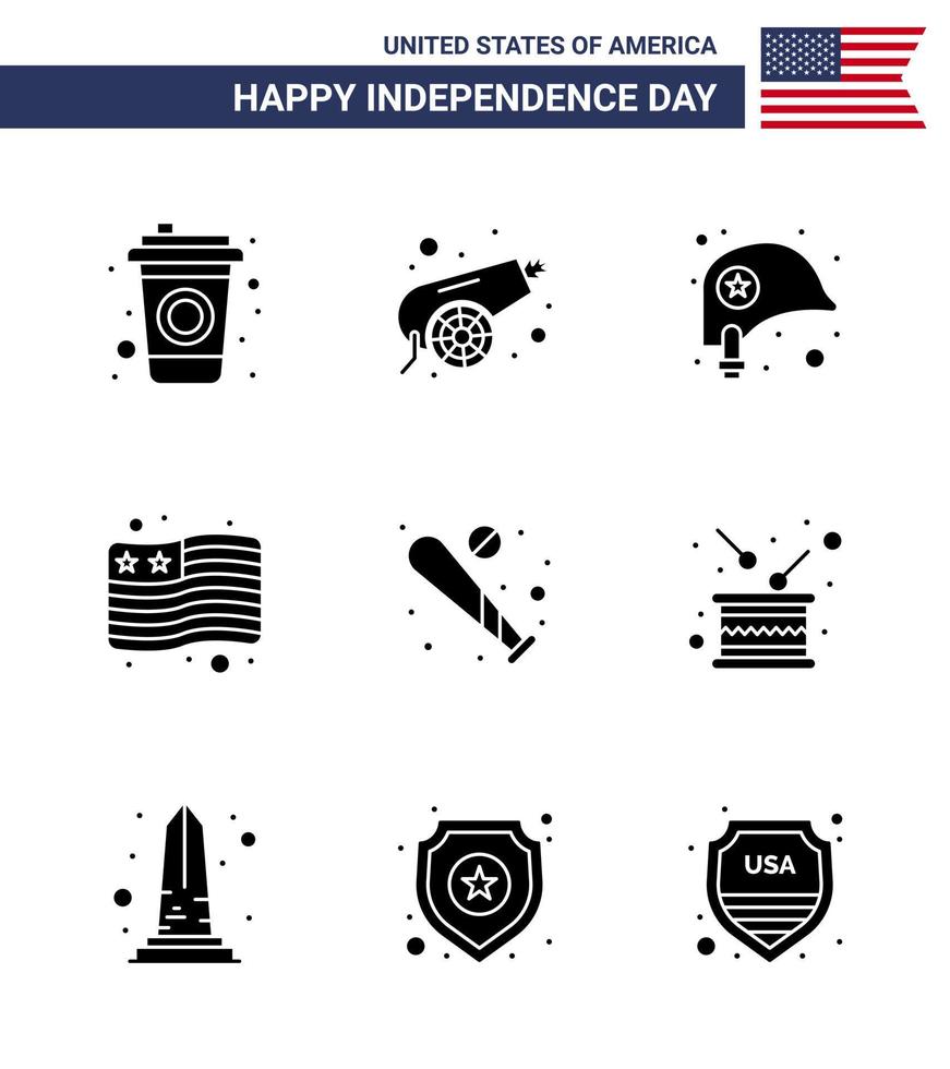 glücklicher unabhängigkeitstag 4. juli satz von 9 soliden glyphen amerikanisches piktogramm von sport-baseballhelm-ball-flagge editierbare usa-tag-vektordesignelemente vektor