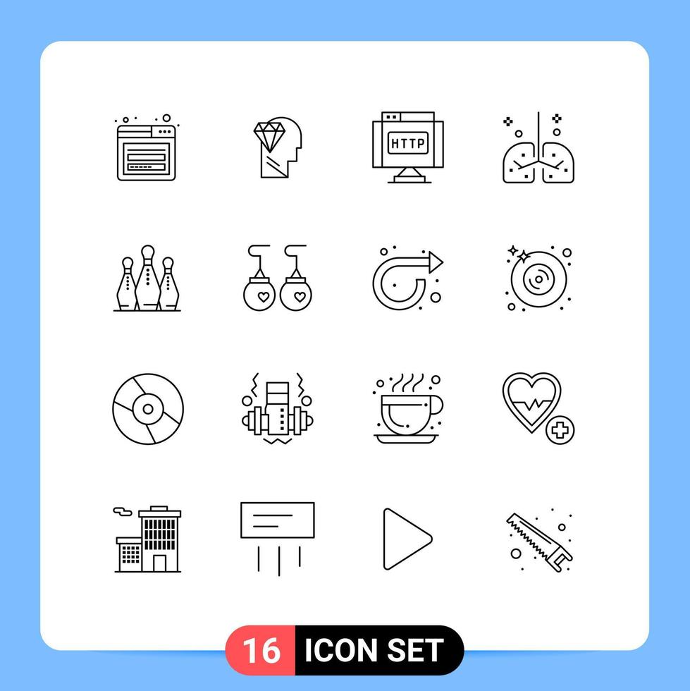 grupp av 16 konturer tecken och symboler för bowling medicinsk domän lungor hälsa redigerbar vektor design element