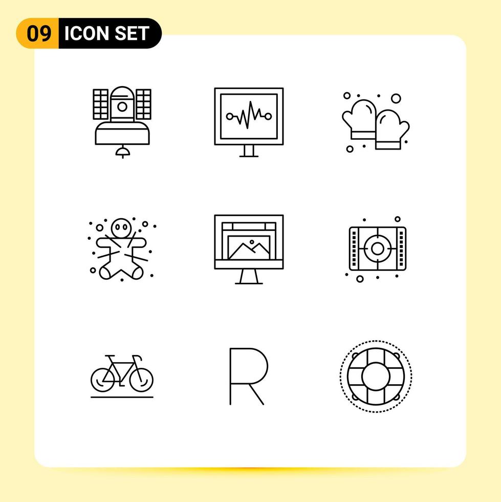 Piktogrammsatz mit 9 einfachen Umrissen von App-Lebkuchenmann-Pulslinie-Ingwerhandschuh-editierbaren Vektordesignelementen vektor