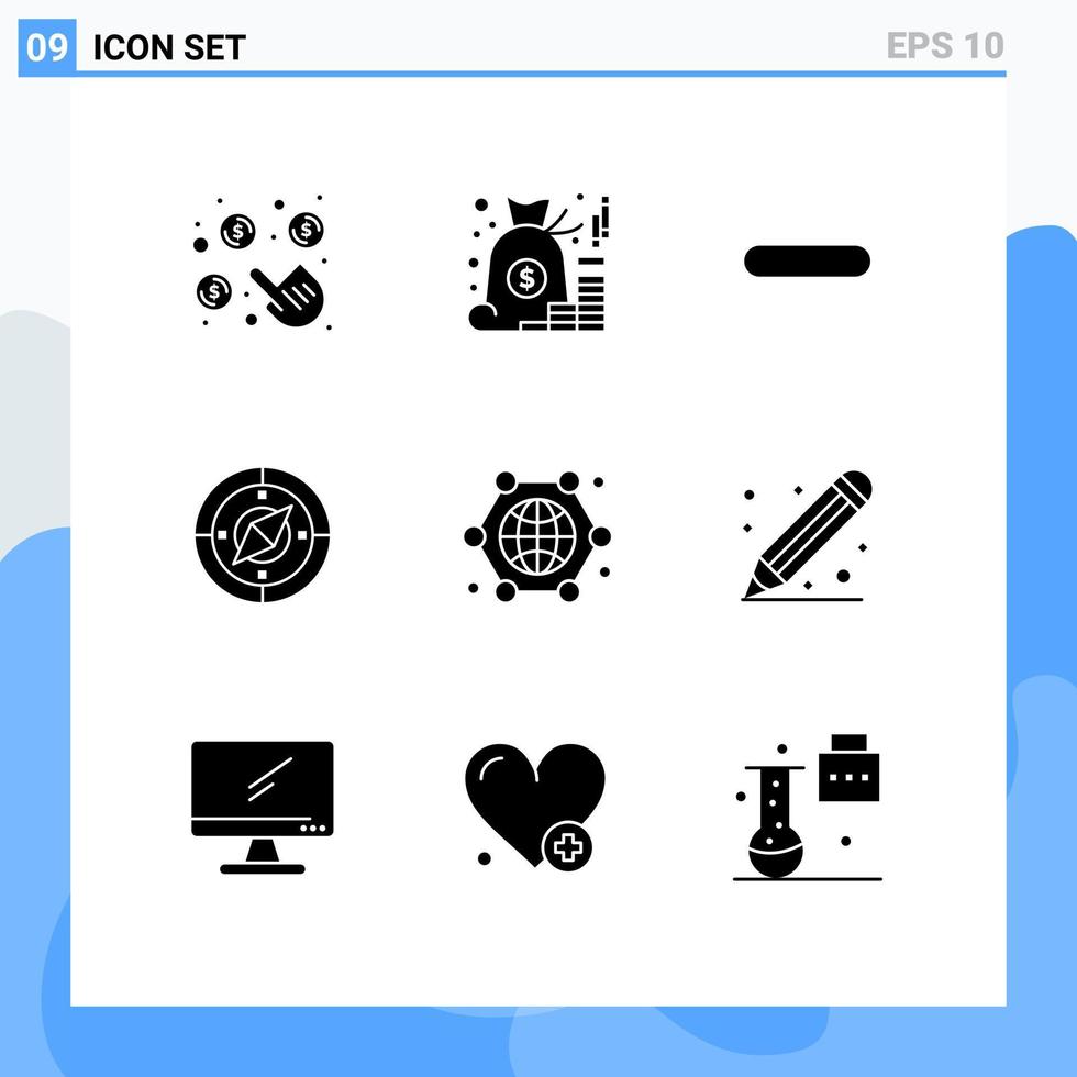 grupp av 9 fast glyfer tecken och symboler för kommunikation kompass sparande navigatör ta bort redigerbar vektor design element