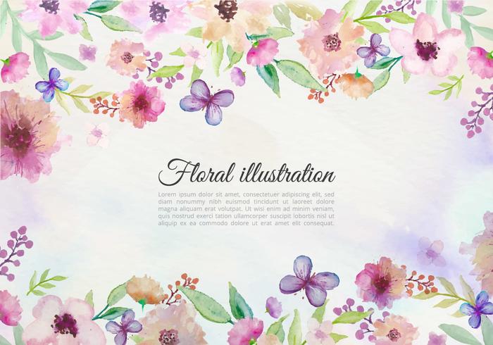 Gratis vektor akvarell bakgrund med målade blommor och fjäril