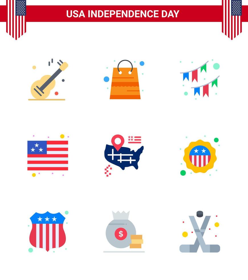 Happy Independence Day Pack mit 9 flachen Zeichen und Symbolen für Karte usa amerikanische Flaggengirlande editierbare usa-Tag-Vektordesign-Elemente vektor