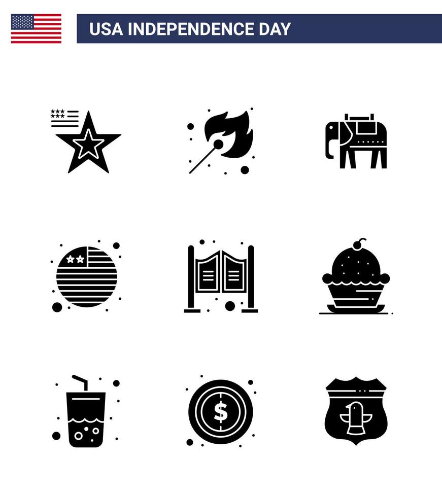 große packung mit 9 usa glücklicher unabhängigkeitstag usa vektor solide glyphen und editierbare symbole des westlichen haushalts elefanten türflagge editierbare usa tag vektor design elemente