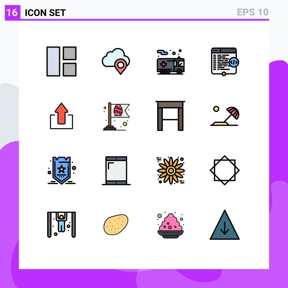 Packung mit 16 modernen, flachen, farbgefüllten Linien Zeichen und Symbolen für Web-Printmedien wie Pfeilfenster Notfall-Website-Code editierbare kreative Vektordesign-Elemente vektor