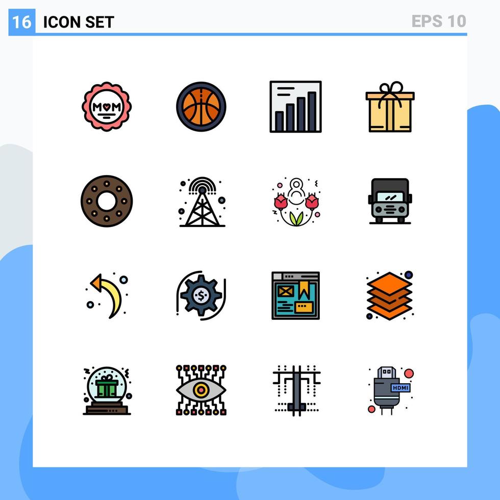 moderner Satz von 16 flachen, farbgefüllten Linien und Symbolen wie Radio-Rundfunkdiagramm Essen Donut editierbare kreative Vektordesign-Elemente vektor