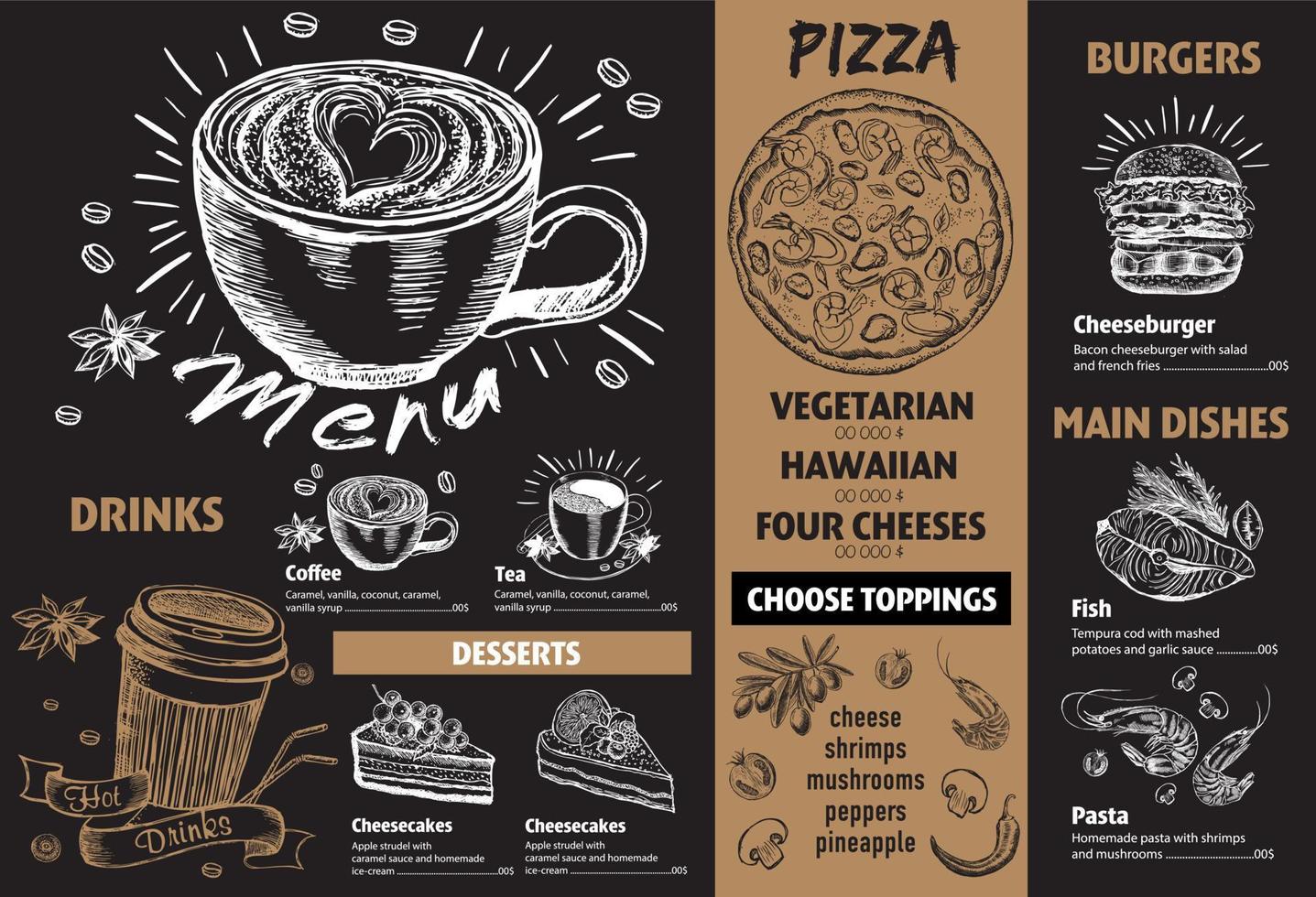 Menü-Café-Restaurant-Design-Vorlage. flyer mit handgezeichneter grafik. vektor