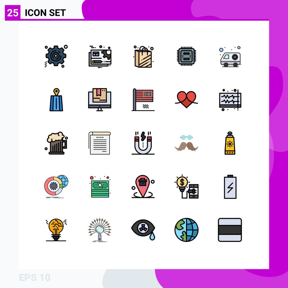grupp av 25 fylld linje platt färger tecken och symboler för sjukhus ambulans väska cpu tech redigerbar vektor design element
