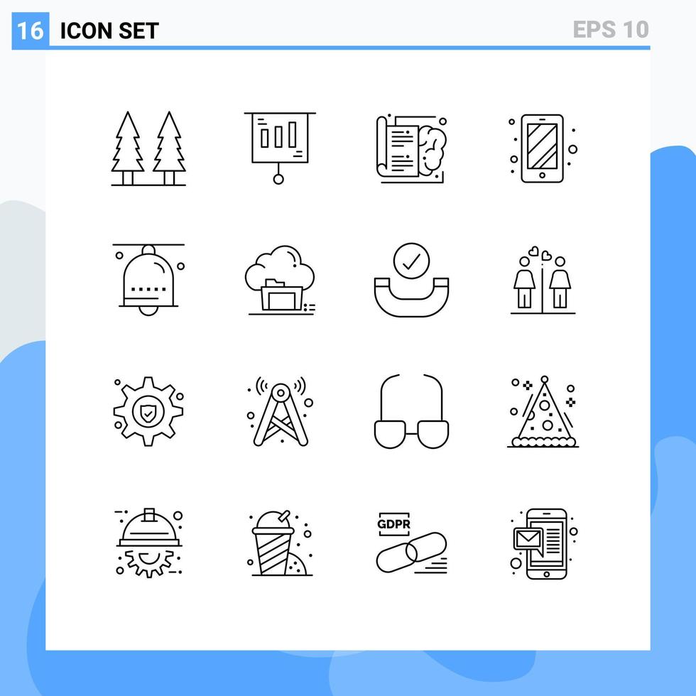 Packung mit 16 modernen Umrisszeichen und Symbolen für Web-Printmedien wie Handglocke, Alarm, Buchzugriff, Telefon, editierbare Vektordesign-Elemente vektor