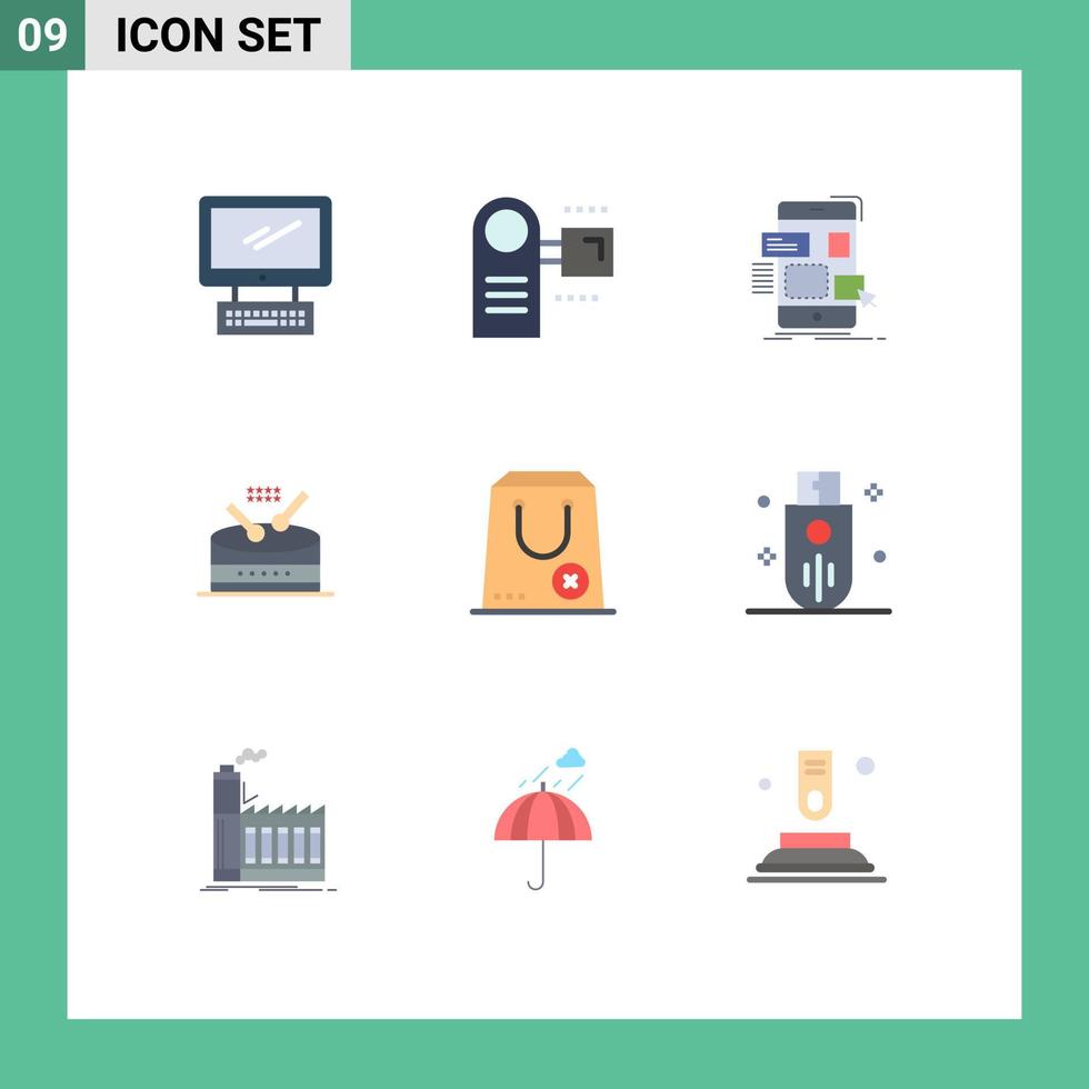 flacher farbsatz der mobilen schnittstelle von 9 piktogrammen von musiktrommeln elektronischem ux design editierbare vektordesignelemente vektor