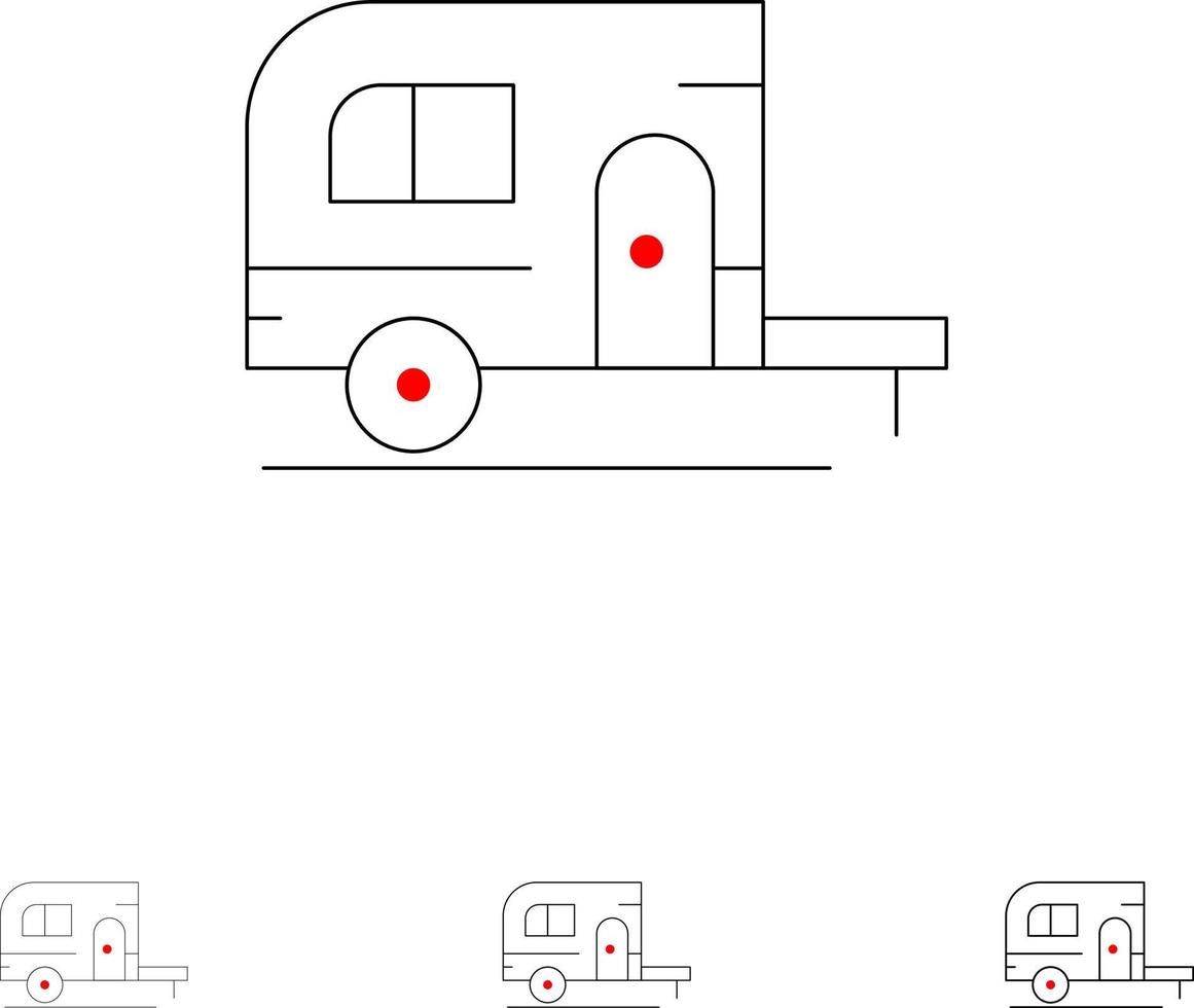 Wohnwagen-Campinglager reisen fett und dünn schwarze Linie Symbolsatz vektor