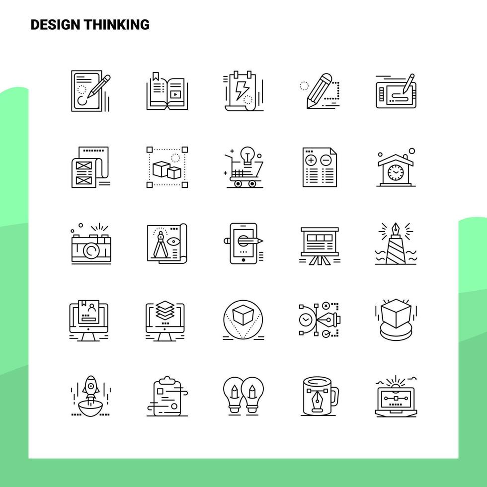 Satz von Design Thinking Line Icon Set 25 Icons Vektor Minimalismus Stil Design schwarze Icons Set lineares Piktogrammpaket