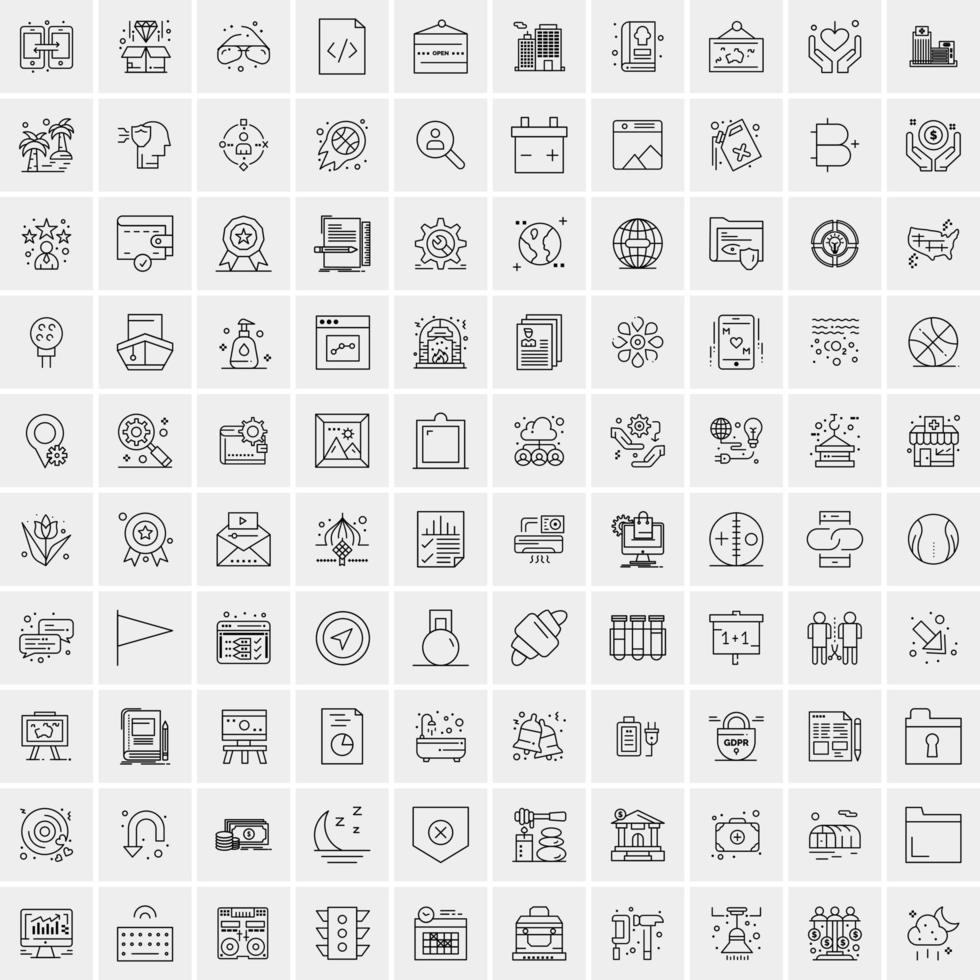 Satz von 100 universellen, modernen, dünnen Liniensymbolen für mobile und Web-Mix-Geschäftssymbole wie Pfeile, Avatare, Smileys, Geschäftswetter vektor