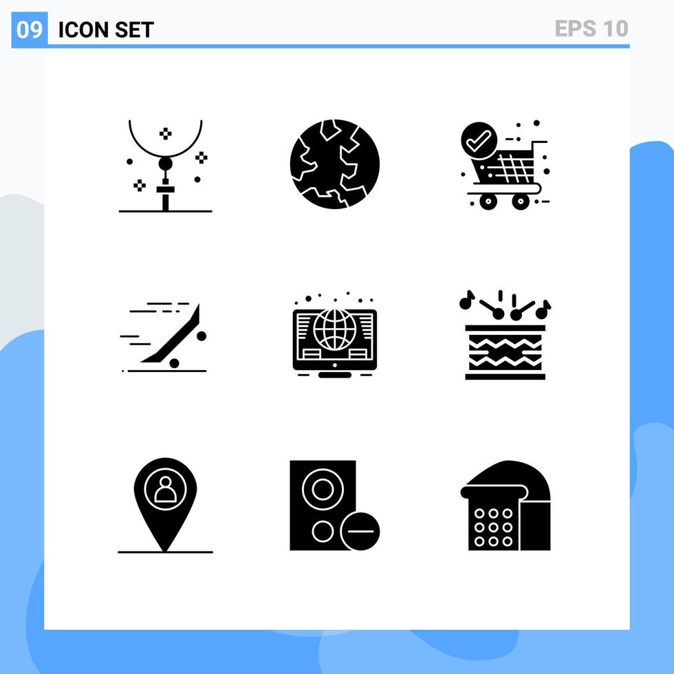 Piktogramm-Set aus 9 einfachen, soliden Glyphen von Skateboard-Reiten, Web-Ride-Trolley, editierbaren Vektordesign-Elementen vektor