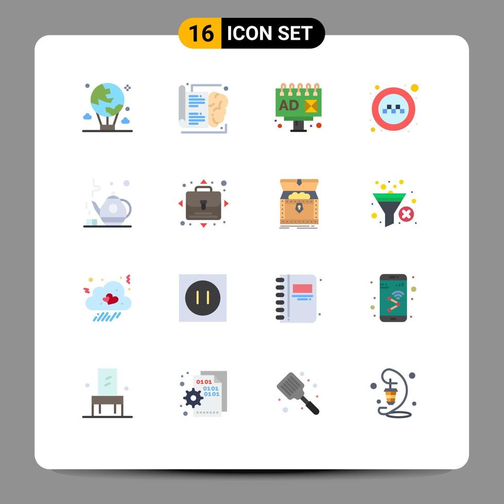 Gruppe von 16 flachen Farbzeichen und Symbolen für Teekannen-Taxi-Lernzeichen öffentlich editierbares Paket kreativer Vektordesign-Elemente vektor